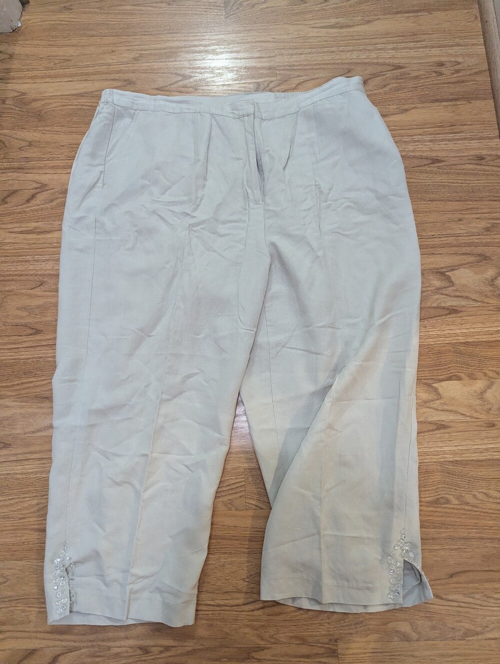Ruby Rd. Beige Linen Blend Embellished Hem Capri Chinos